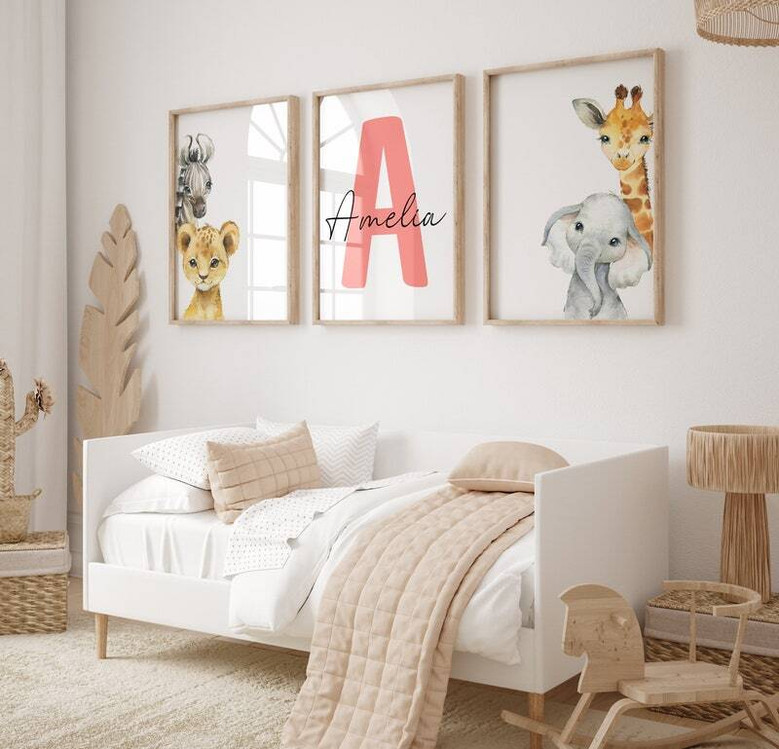 Safari nursery canvas set, personalized neutral palette; lion, elephant, giraffe, zebra prints for baby room wall decor