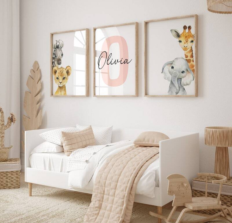 Safari nursery canvas set, personalized giraffe, lion, elephant, zebra art; pastel jungle theme for kids' room decor