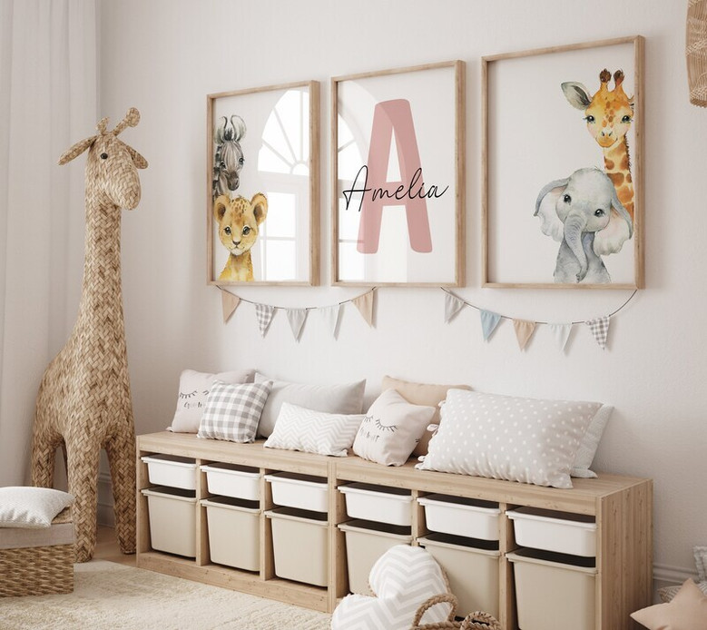 Safari nursery canvas set with personalized lion, elephant, giraffe, zebra art for kids' jungle-themed wall decor