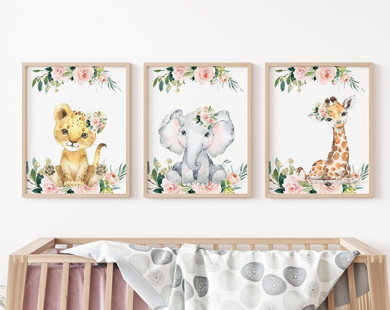 Safari jungle nursery canvas wall art, personalized with baby girl’s name, adventure decor for a jungle-themed nursery
