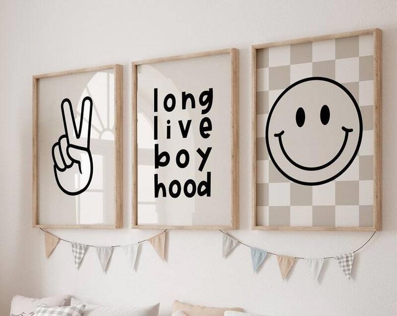 Boy Nursery Canvas Wall Art With Checkered Pattern - Long Live Boyhood Quote For Kids Room DéCor