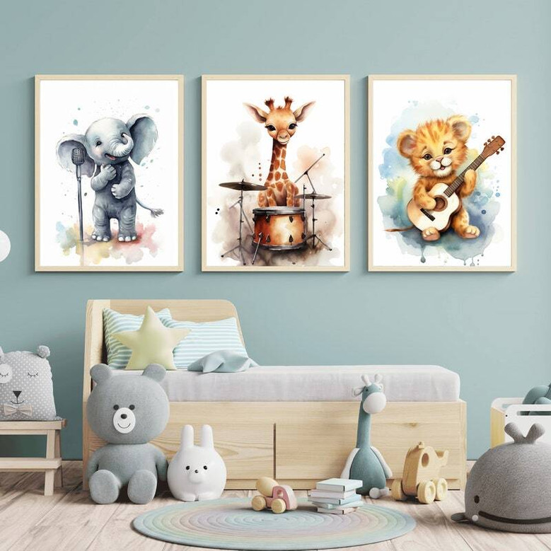 Jungle safari animal canvas wall art for nursery, watercolor lion on drums and elephant on trumpet, portrait format