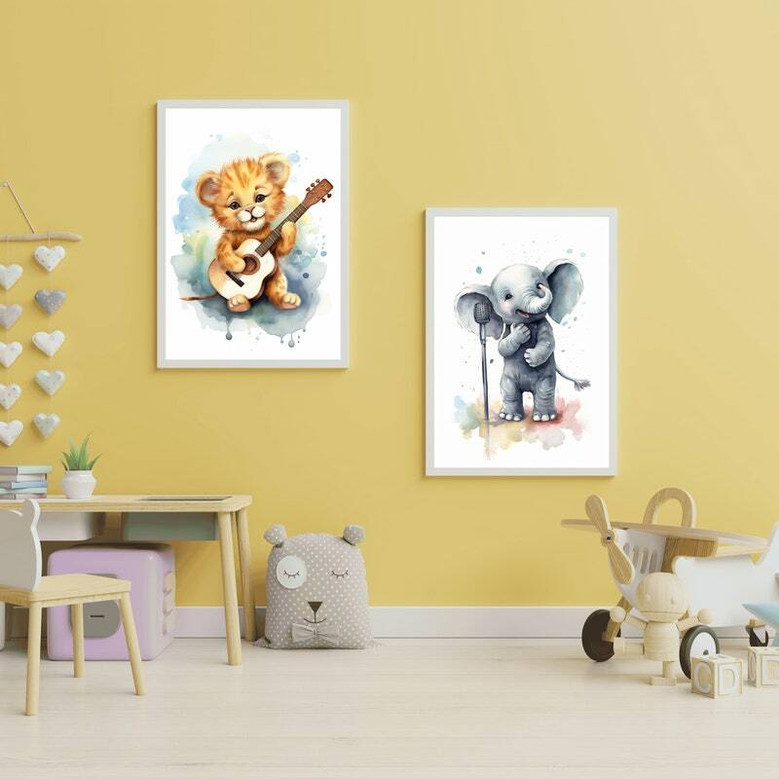 Jungle safari animal canvas print for baby room, zebra on xylophone with hippo on tambourine, soft watercolor, square layout