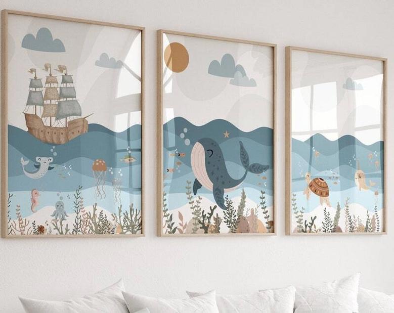 Nautical Nursery Canvas Set For Ocean-Themed Baby Boy Room Wall Art