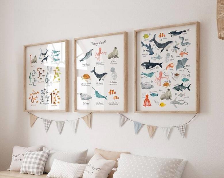 Nautical Nursery Canvas Set - Ocean Animal Alphabet Prints For Kids Room DéCor