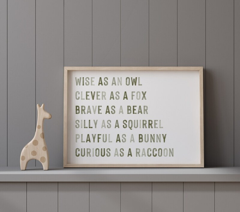 Woodland animals nursery canvas featuring inspirational quotes for kids room, green neutral wall decor art for baby nursery