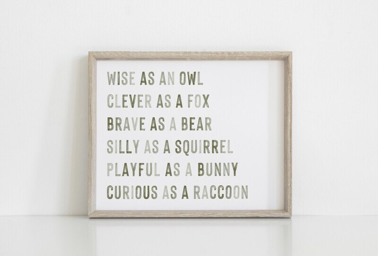 Woodland animals nursery canvas art, motivational quote print in soft green neutrals, charming wall decor for toddler room