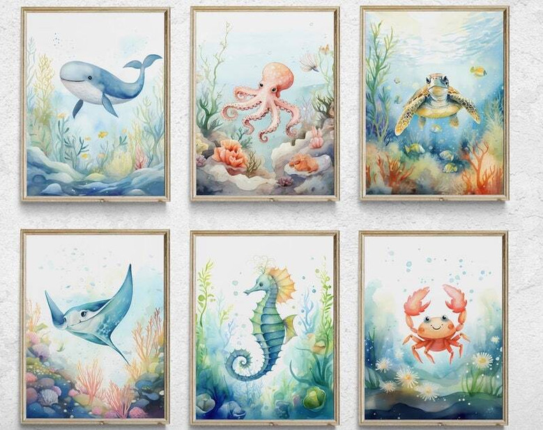 Nautical nursery canvas set with ocean animal art, soft pastel sea creatures for baby room wall decor in calming tones