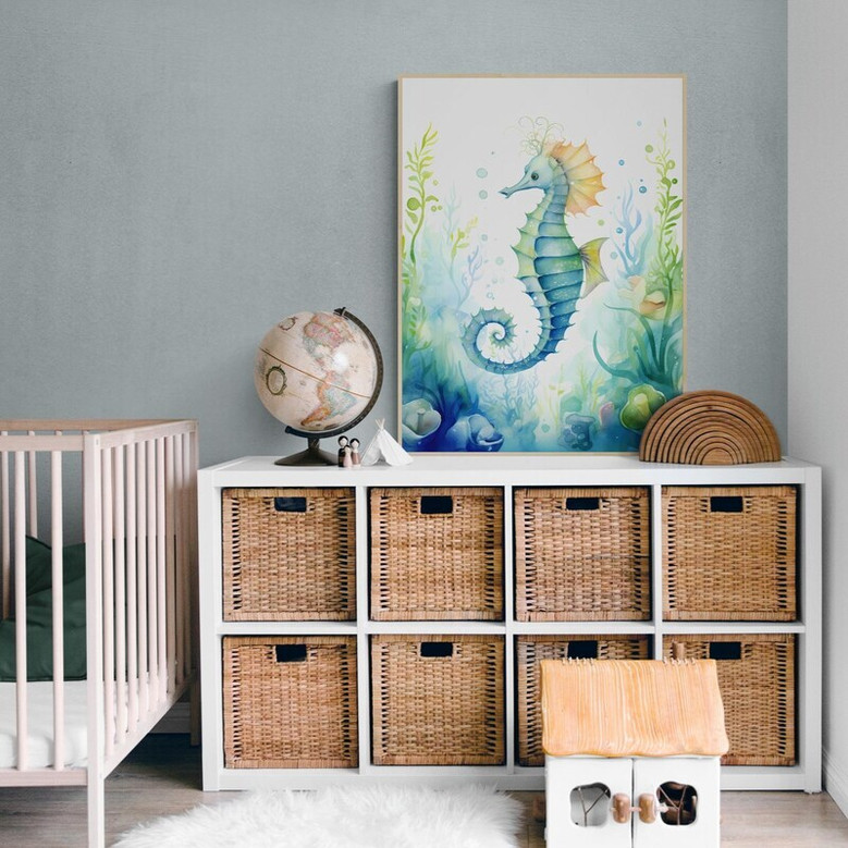 Nautical nursery canvas set, simple ocean animal motifs in calming blue tones for modern baby room decor and coastal vibes