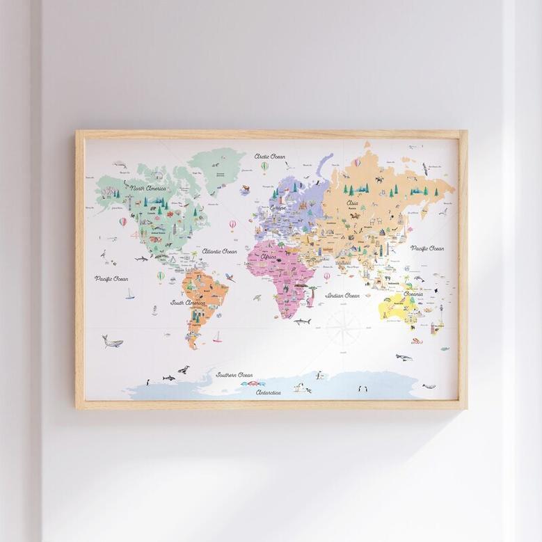 Pastel Nursery World Map Canvas For Kids Room Travel Themes