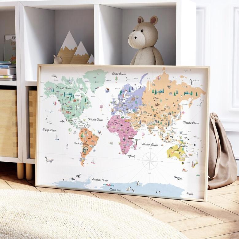 Pastel Nursery World Map Canvas For Kids Room Travel Themes