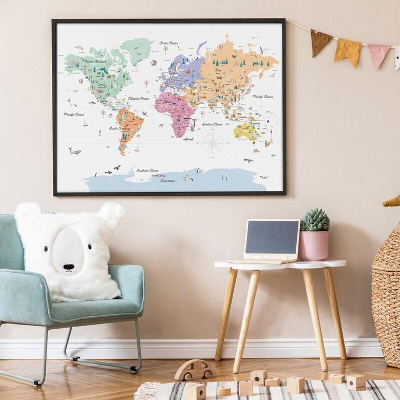 Pastel Nursery World Map Canvas For Kids Room Travel Themes