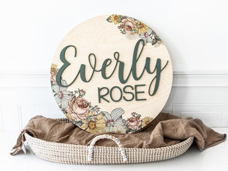 Personalized Boho Flower Baby Girl Nursery Sign - Custom Wooden Baby Shower Decor