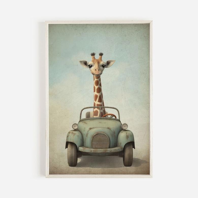 Giraffe Safari Canvas For Boys Room - Animal Car Print Nursery Art