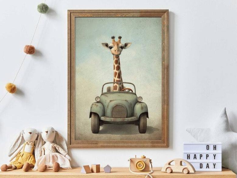 Giraffe Safari Canvas For Boys Room - Animal Car Print Nursery Art