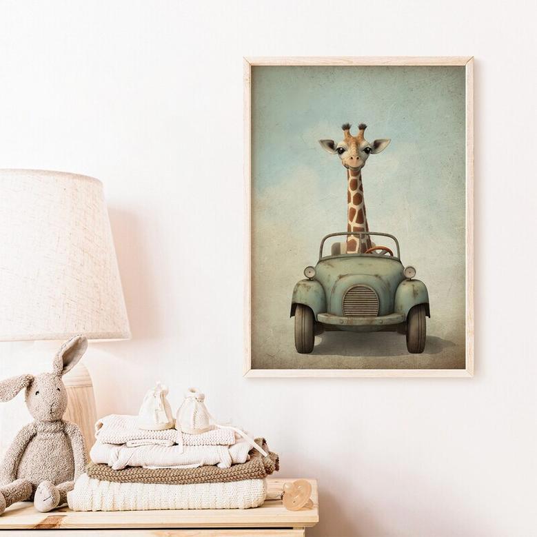 Giraffe Safari Canvas For Boys Room - Animal Car Print Nursery Art