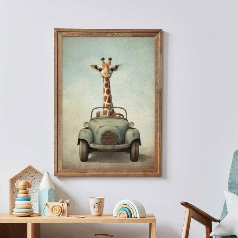 Giraffe Safari Canvas For Boys Room - Animal Car Print Nursery Art