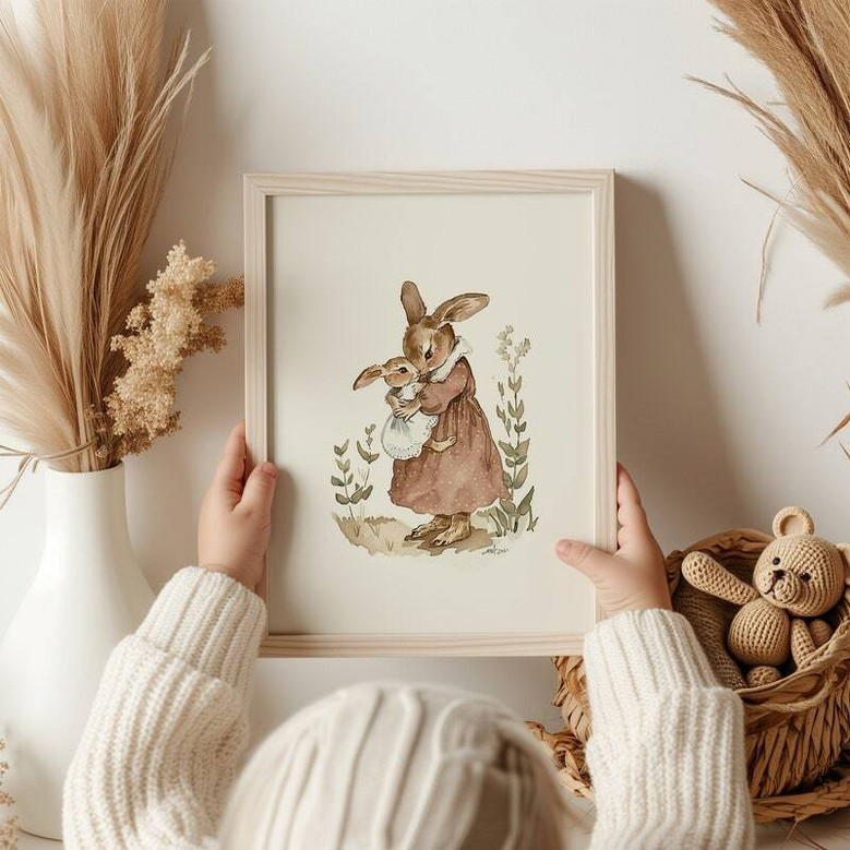 Peter Rabbit Canvas - Vintage Style Baby Girl Nursery Art, Mom & Baby Theme, Antique DéCor