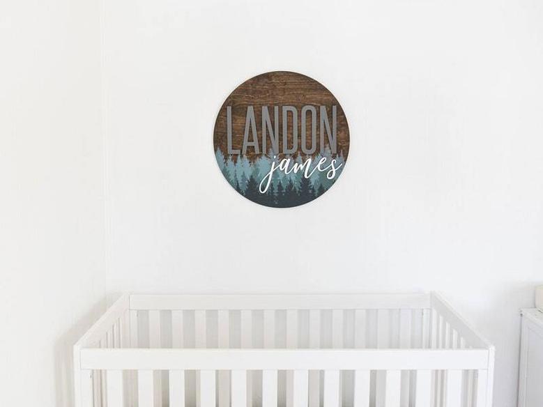 Personalized Round Wood Sign With Pine Tree Pattern For Woodland-Themed Nursery