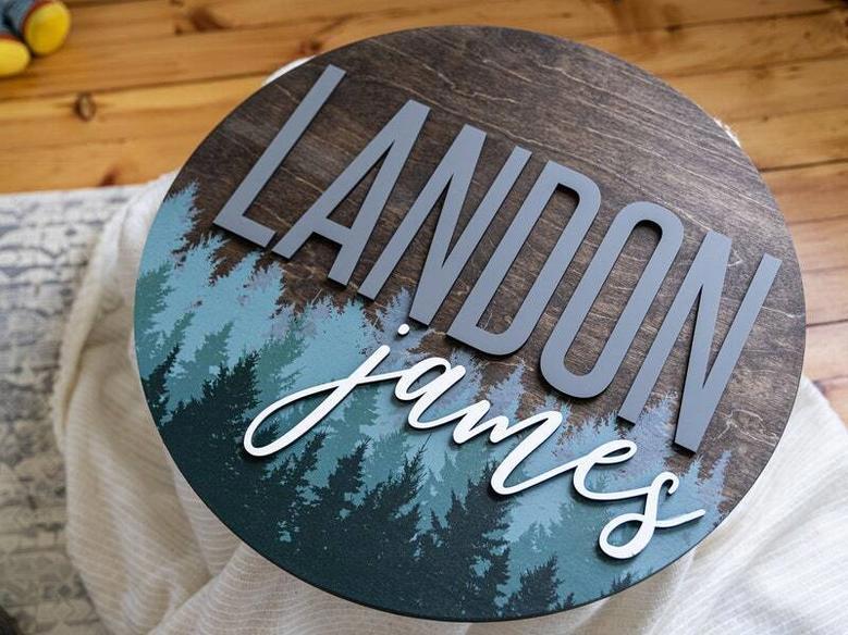 Personalized Round Wood Sign With Pine Tree Pattern For Woodland-Themed Nursery