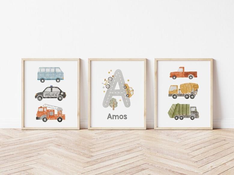 Vehicle Nursery Wall Art For Baby Boys Canvas | Custom Name Prints With Trucks And Cars For Playroom