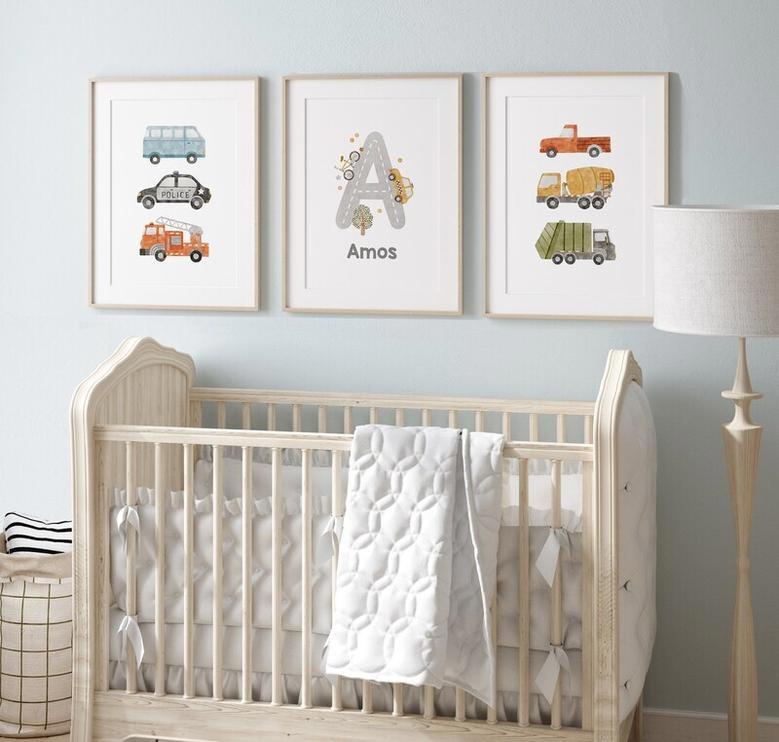 Vehicle Nursery Wall Art For Baby Boys Canvas | Custom Name Prints With Trucks And Cars For Playroom