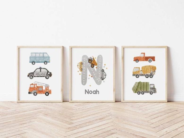 Vehicle Nursery Wall Art For Baby Boys Canvas | Custom Name Prints With Trucks And Cars For Playroom