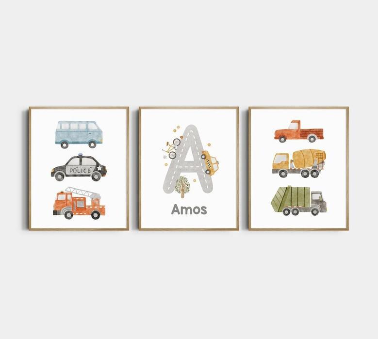 Vehicle Nursery Wall Art For Baby Boys Canvas | Custom Name Prints With Trucks And Cars For Playroom