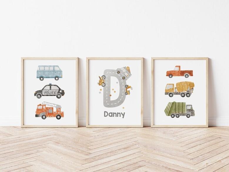 Vehicle Nursery Wall Art For Baby Boys Canvas | Custom Name Prints With Trucks And Cars For Playroom