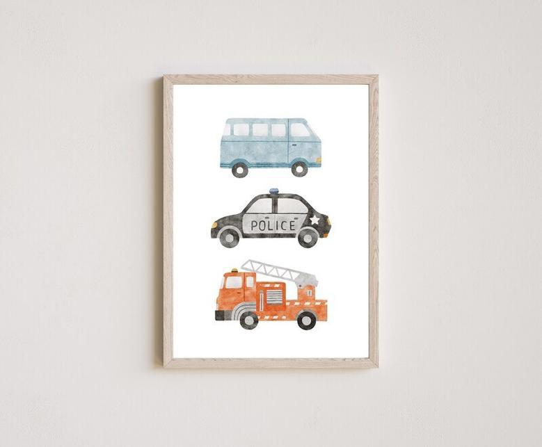 Vehicle Nursery Wall Art For Baby Boys Canvas | Custom Name Prints With Trucks And Cars For Playroom