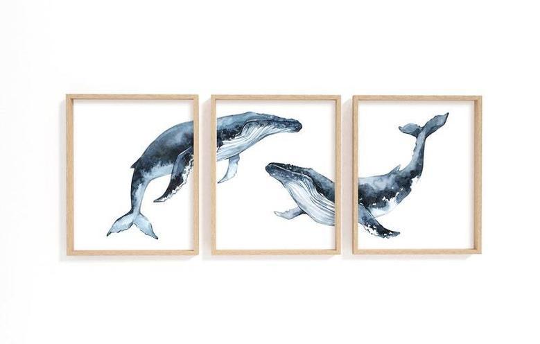 Set Of 3 Touching Whale Nursery Canvas - Ocean Animal Art For Kids Room