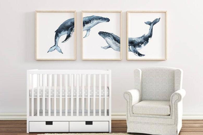 Set Of 3 Touching Whale Nursery Canvas - Ocean Animal Art For Kids Room