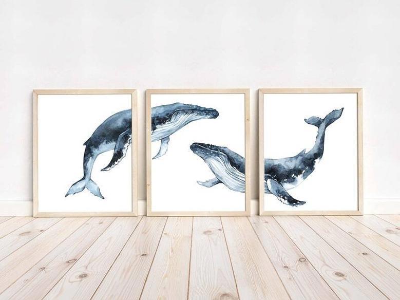 Set Of 3 Touching Whale Nursery Canvas - Ocean Animal Art For Kids Room