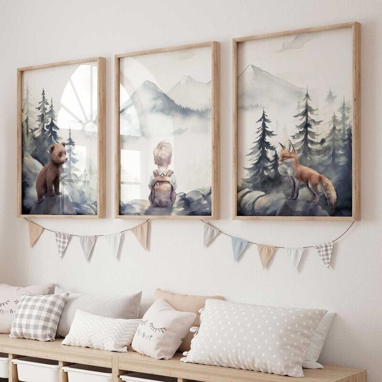 Thoughtful Boys Room Woodland Nursery Canvas With Bear And Fox Animal Art Prints