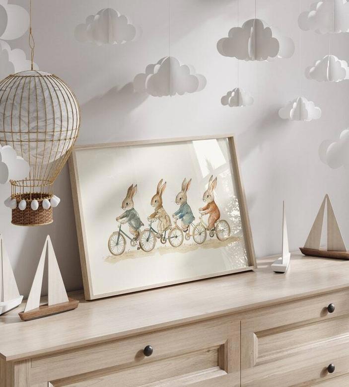 Vintage Bicycle Bunnies For Toddler Room - Peter Rabbit Canvas Artwork