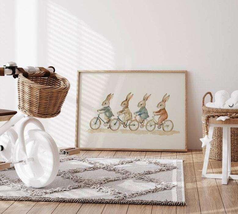 Vintage Bicycle Bunnies For Toddler Room - Peter Rabbit Canvas Artwork