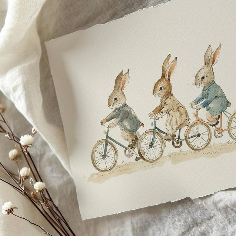 Vintage Bicycle Bunnies For Toddler Room - Peter Rabbit Canvas Artwork