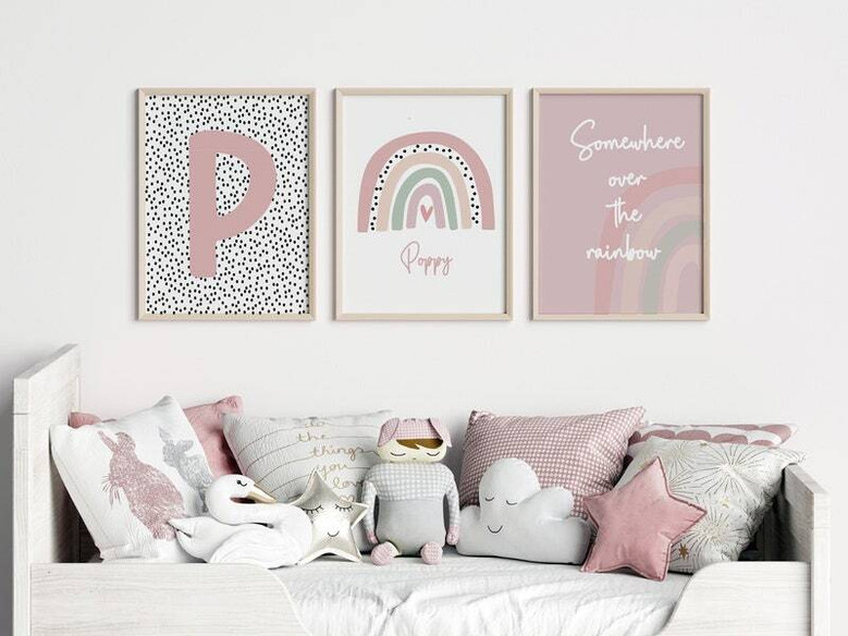 Rainbow canvas wall art personalized for baby girl nursery, pastel pink decor with name in script, baby shower gift