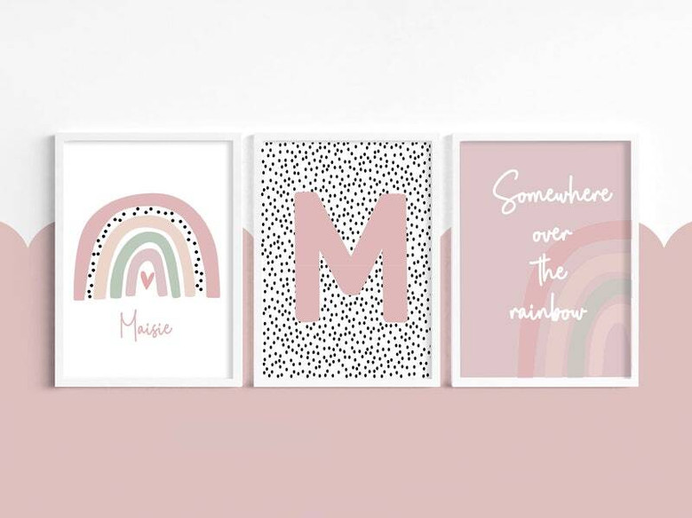 Pastel rainbow canvas wall art in pink, personalized with baby girl name and birth date, nursery decor for reading nook