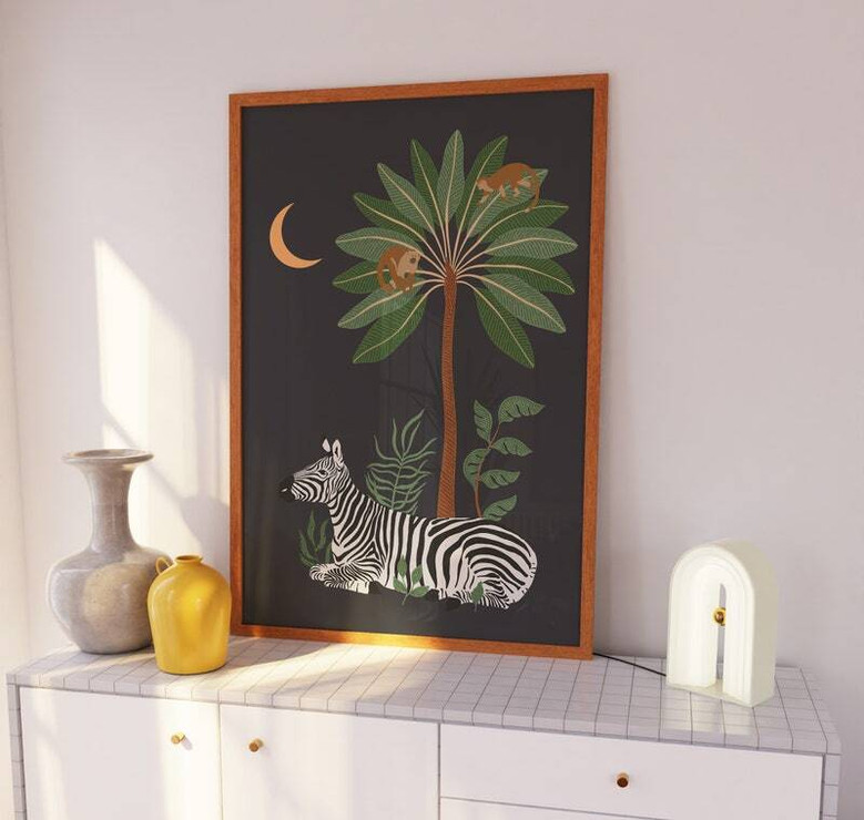 Safari animal canvas set, black and white minimalist zebra giraffe elephant art for modern kids' room nursery.