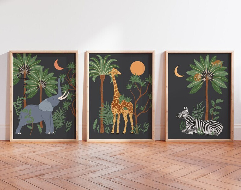 Safari animal canvas set depicting elephant calf with parent in lush jungle, soothing nursery wall decor for kids' room.