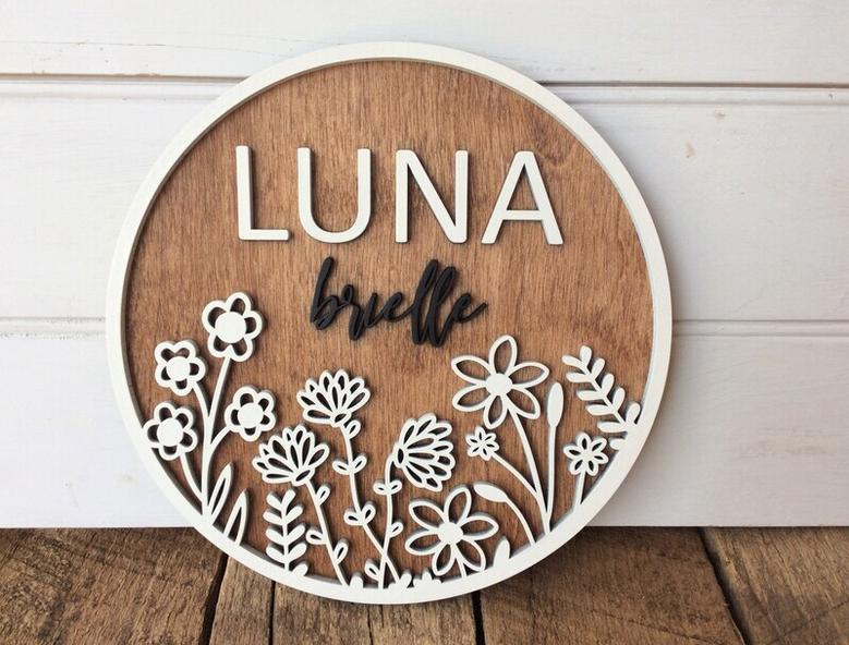 Personalized Round Wood Nursery Sign With Wildflower Design For Baby Girl's Room Decor Above Crib