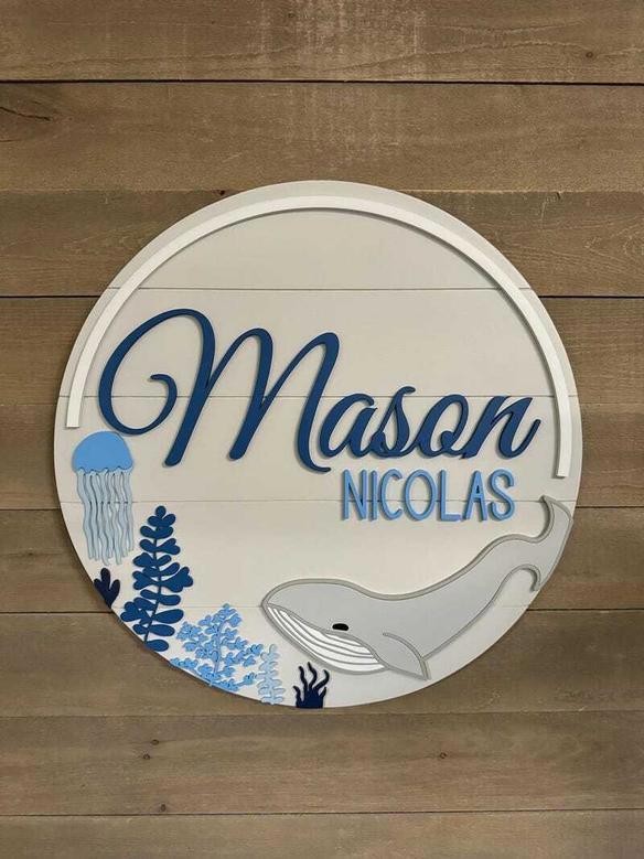 Personalized Whale Round Wood Sign - Ocean Theme Decor for Baby Room