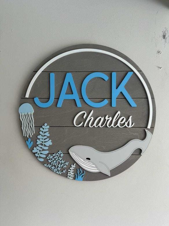 Personalized Whale Round Wood Sign - Ocean Theme Decor for Baby Room