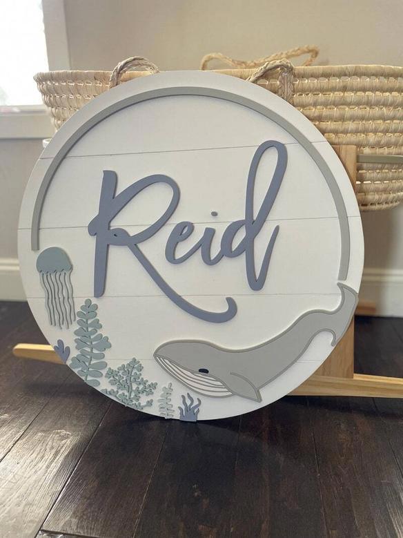 Personalized Whale Round Wood Sign - Ocean Theme Decor for Baby Room