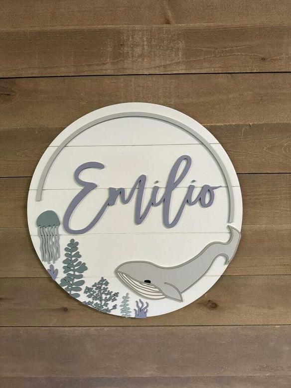 Personalized Whale Round Wood Sign - Ocean Theme Decor for Baby Room