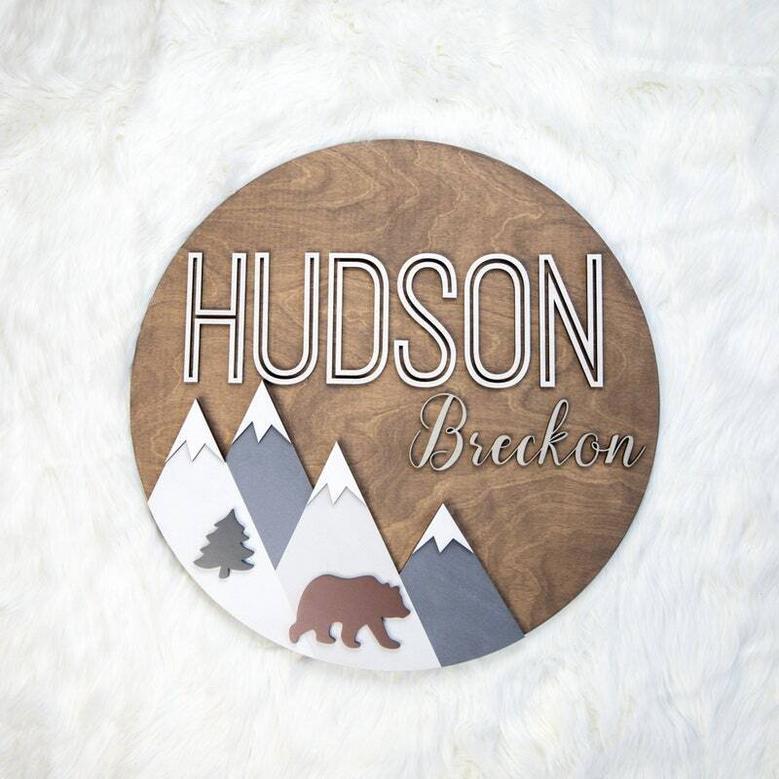 Personalized Round Wood Nursery Sign - 3D Mountain Woodland Theme For Baby Room Decor