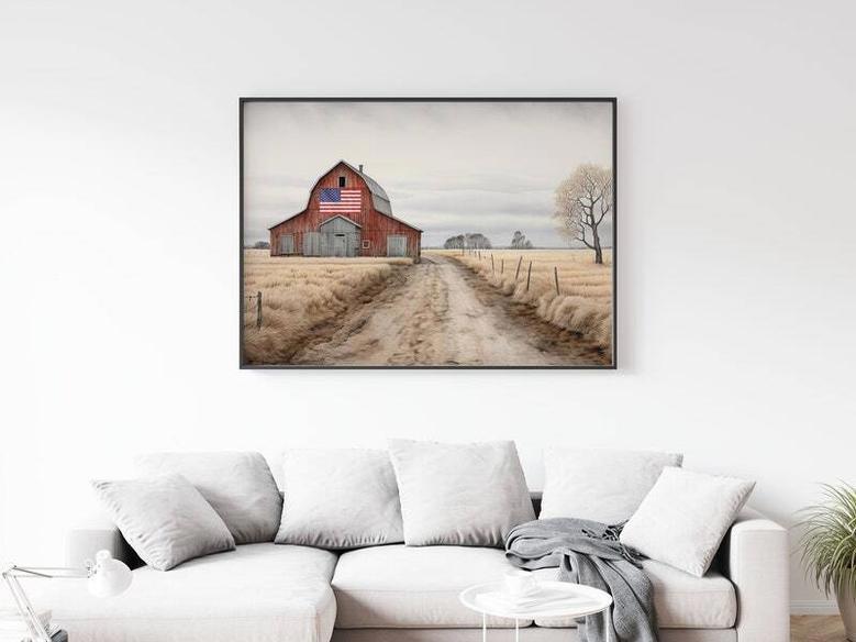 Rustic Farmhouse American Flag Barn Canvas - Vintage Country Watercolor For Living Room Decor