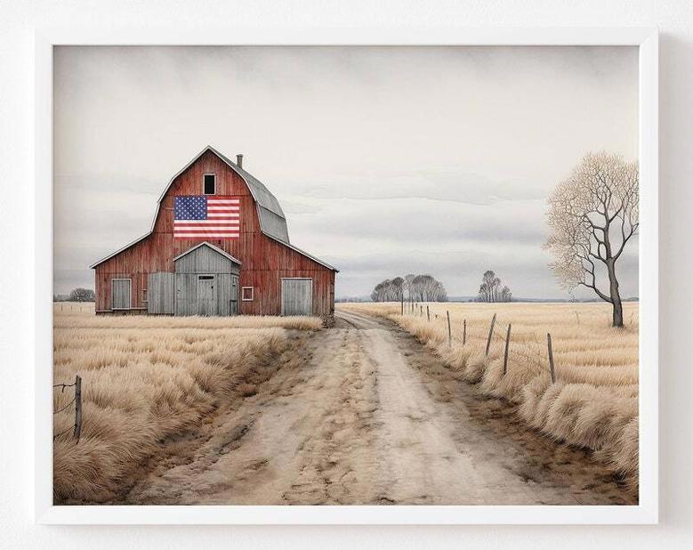 Rustic Farmhouse American Flag Barn Canvas - Vintage Country Watercolor For Living Room Decor