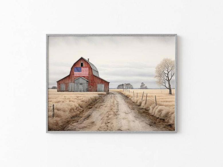 Rustic Farmhouse American Flag Barn Canvas - Vintage Country Watercolor For Living Room Decor